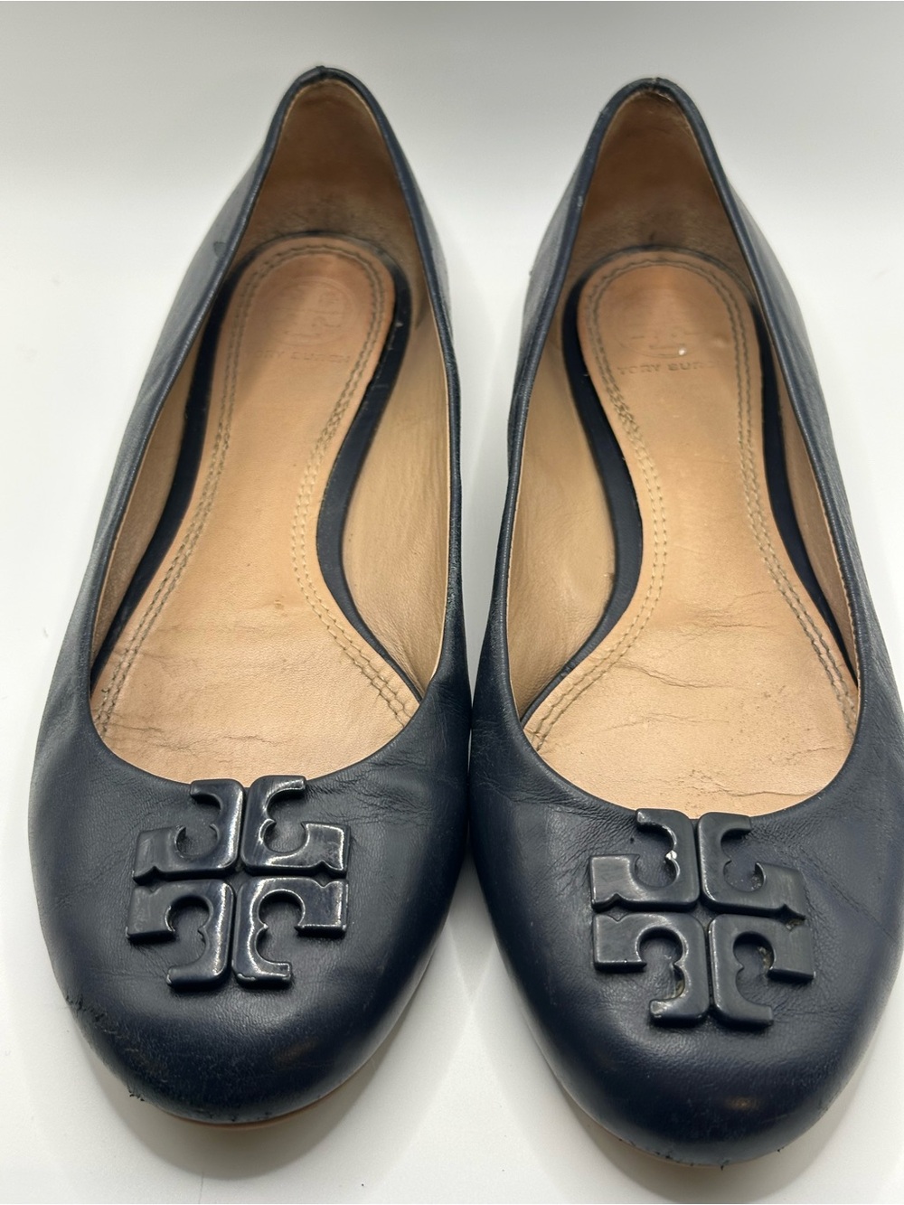Tory Burch Navy Leather Logo Ballet Flats